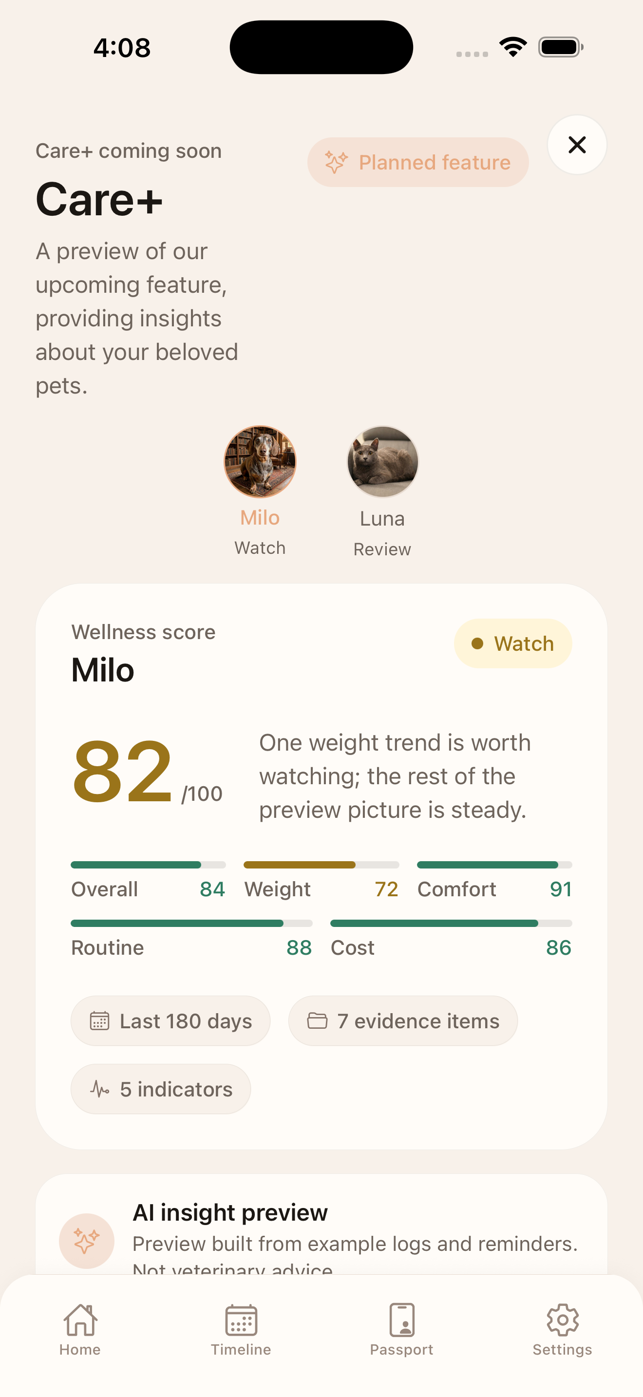 Care Plus overview screen