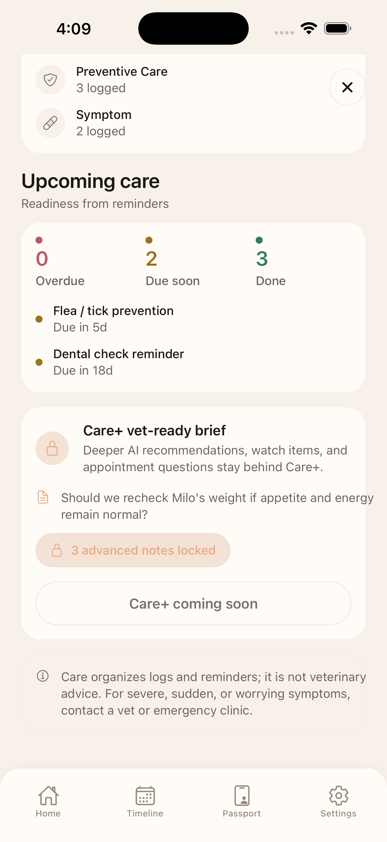 Care Plus status indicators screen