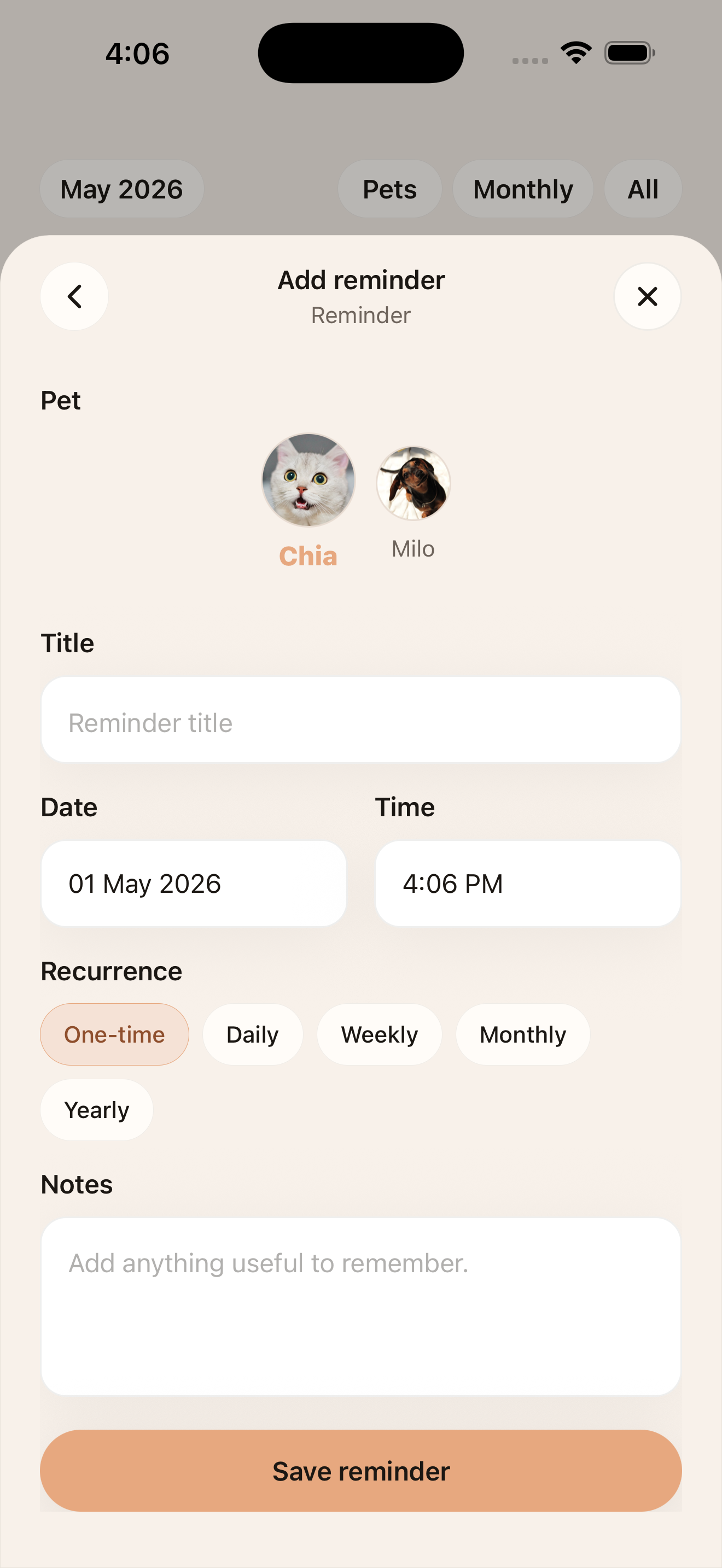 Create reminder screen