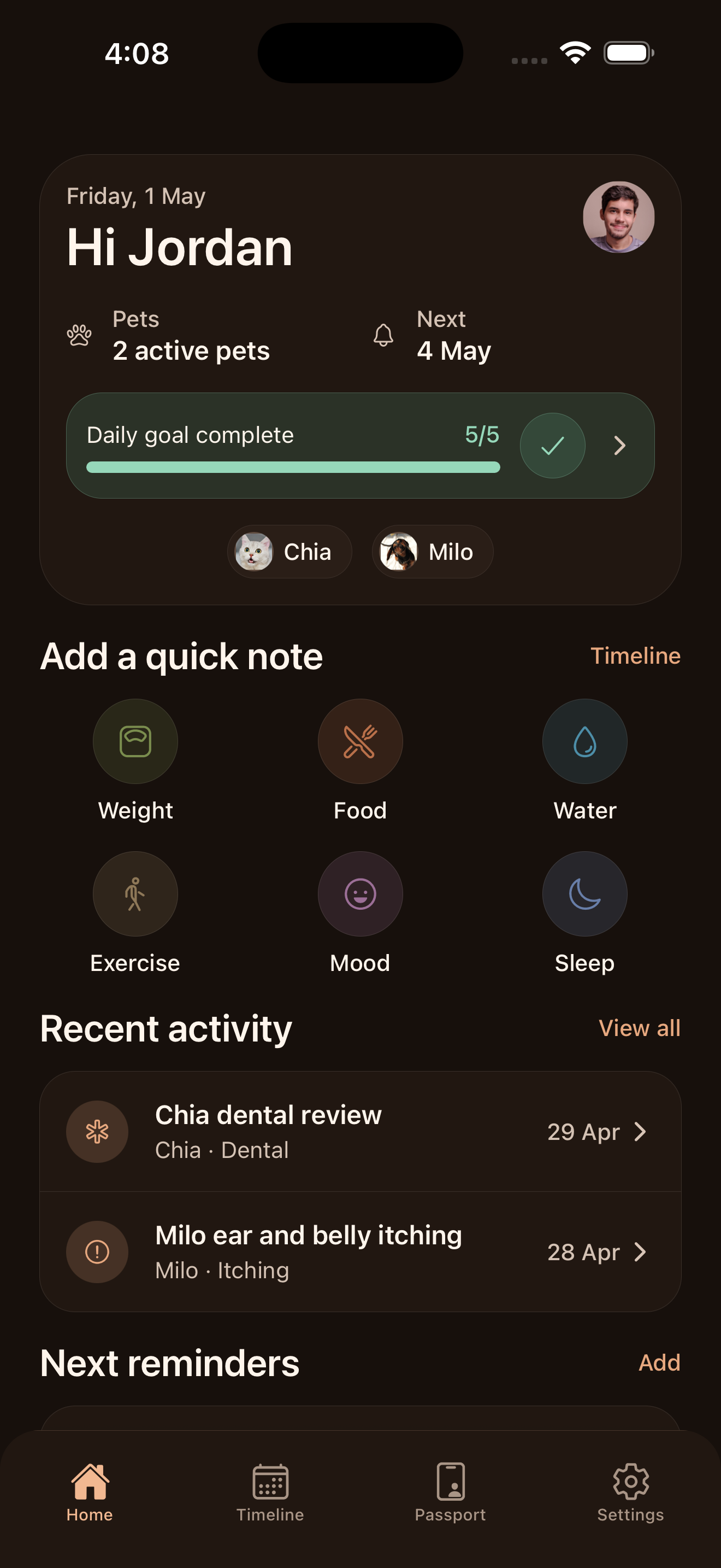 Pet Note dark mode home screen