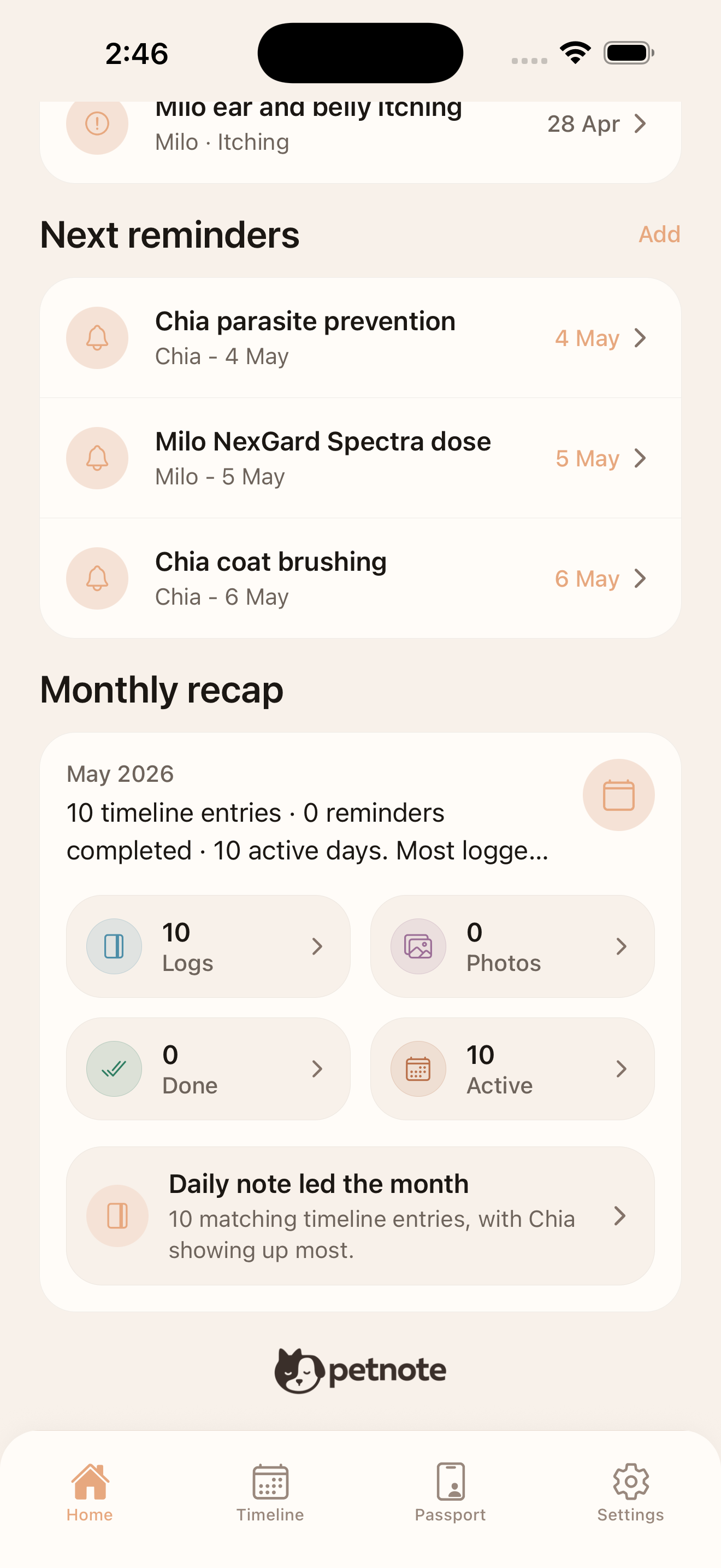 Pet Note home recap and reminders screen