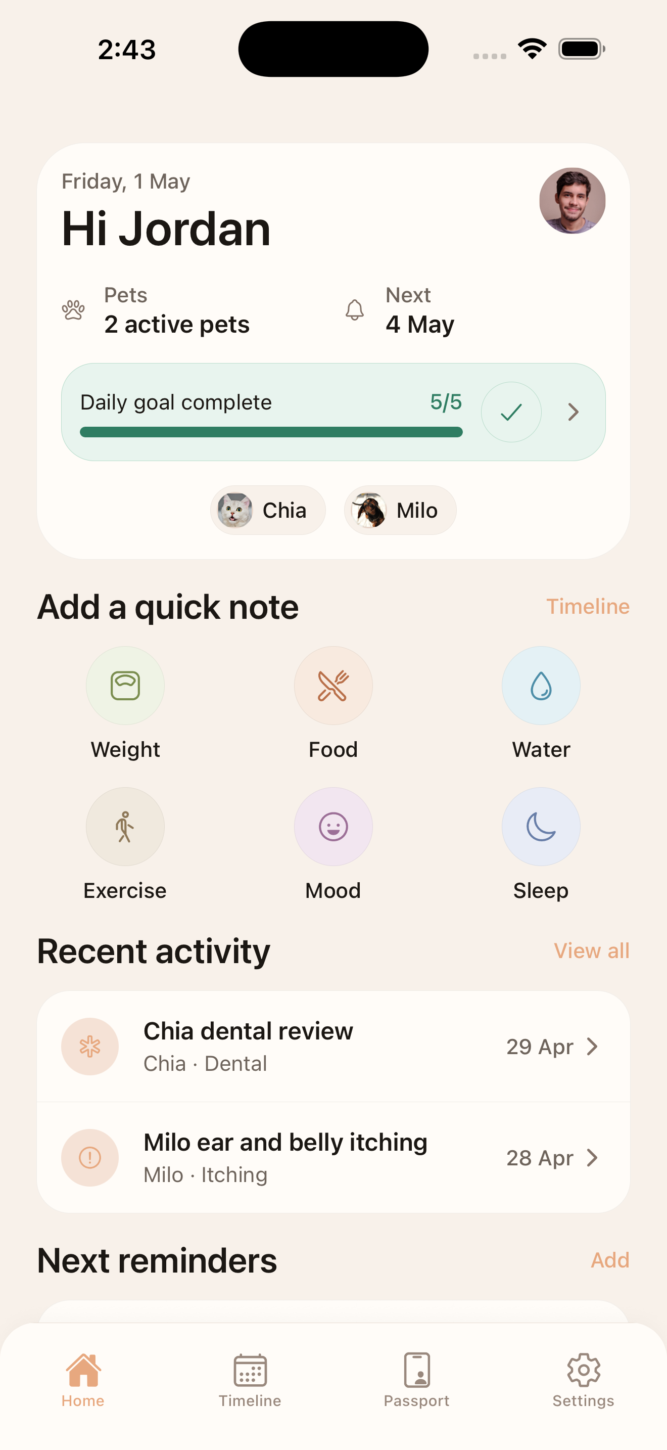 Pet Note home screen showing quick notes and reminders
