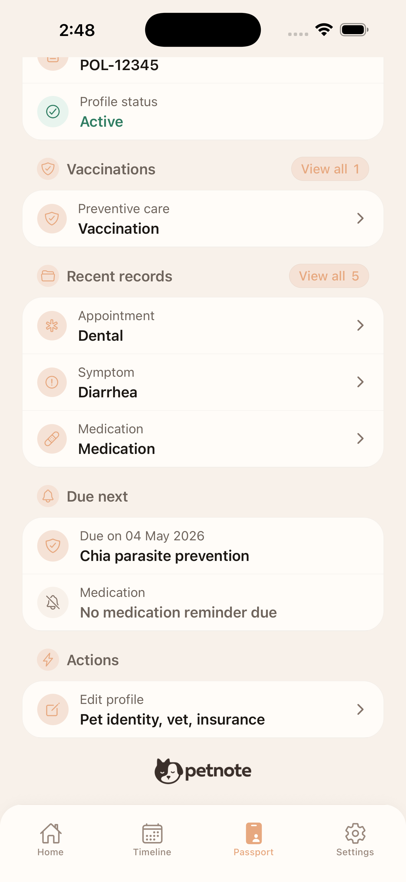 Pet passport details screen