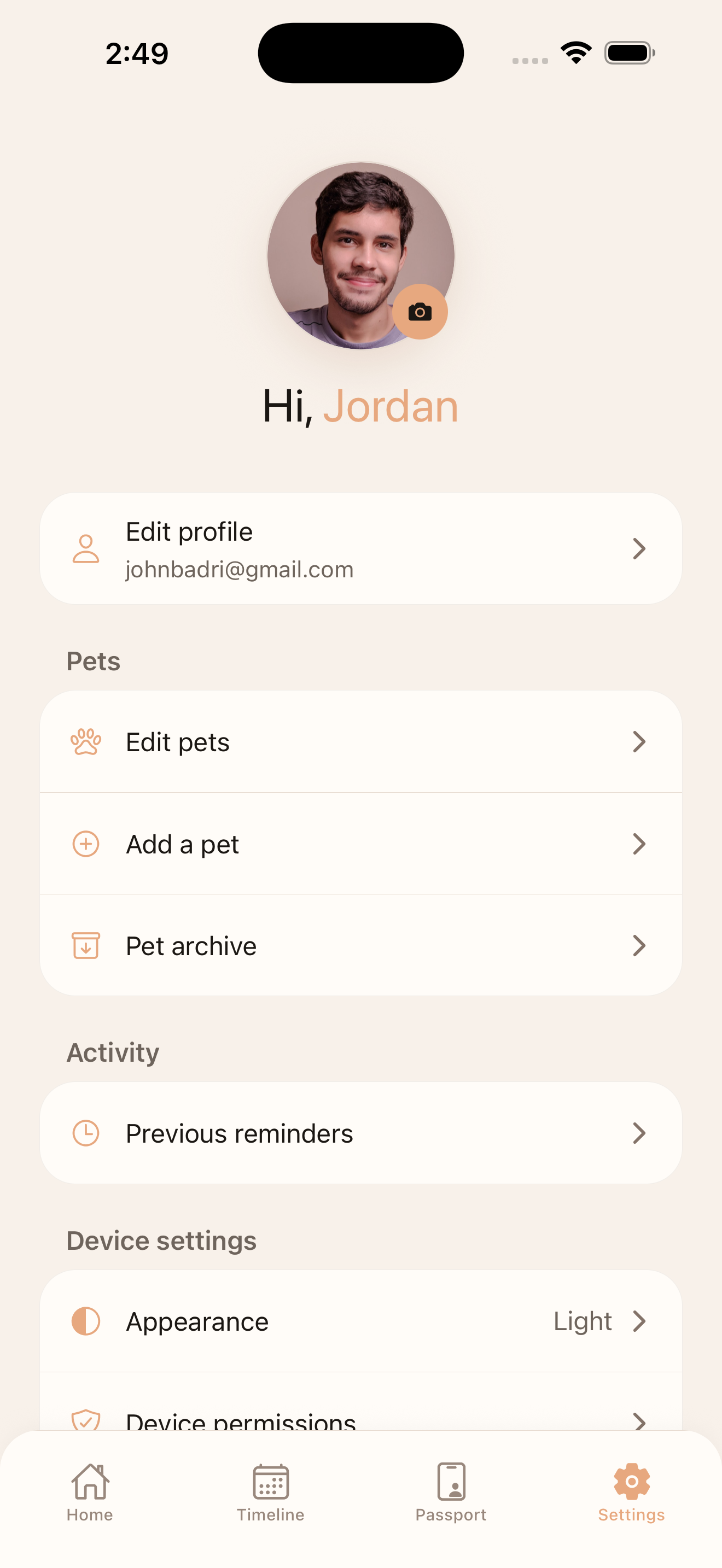Settings screen