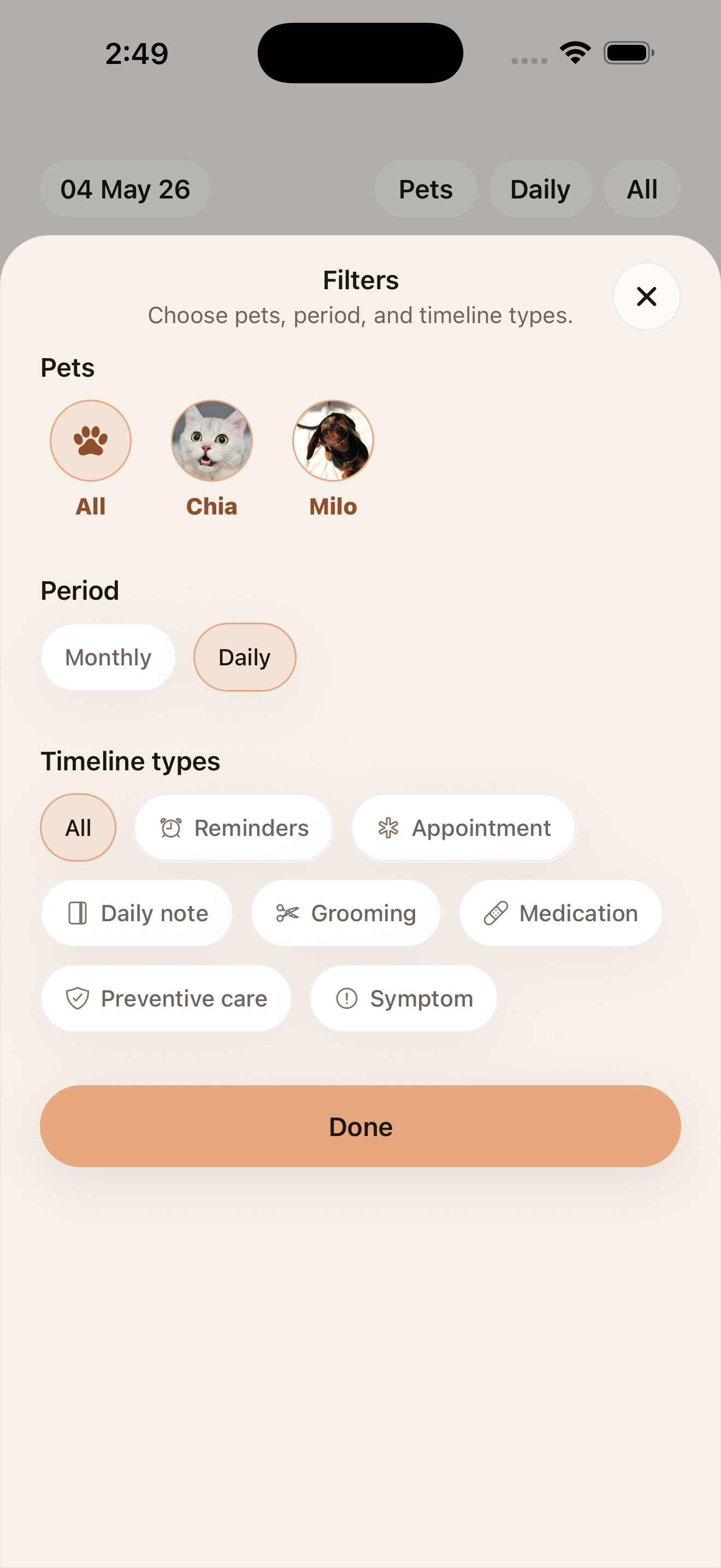 Timeline filters screen