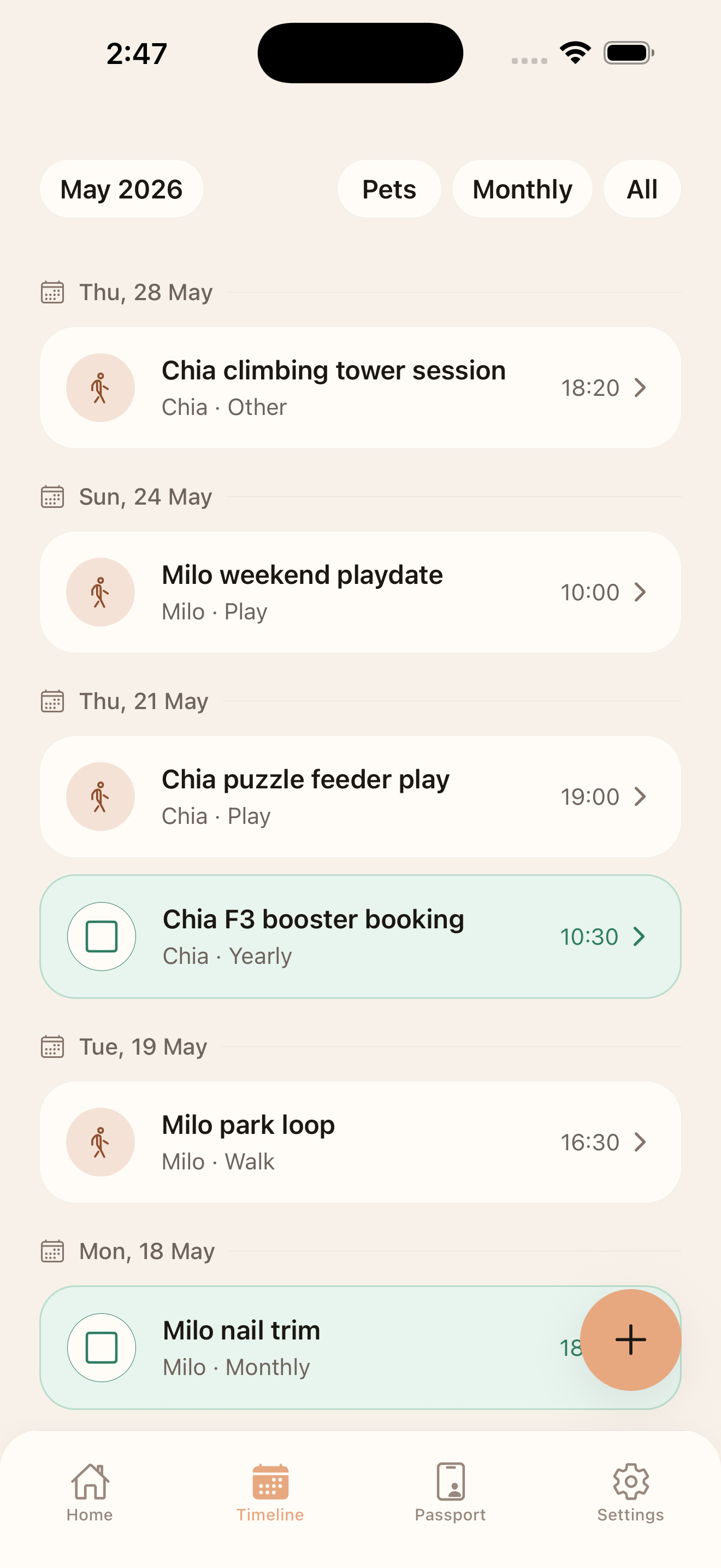 Pet Note monthly timeline screen